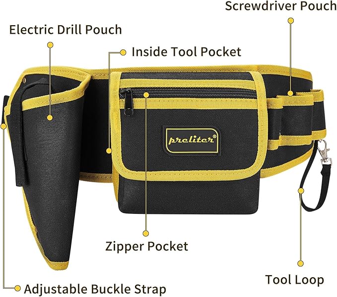 Tool Belt 7 Pockets, Adjustable Tool Belts for Men, Heavy Duty Utility Belt, Waterproof Tool Pouch for Carpenter/Electrician/Construction (Black Yellow)