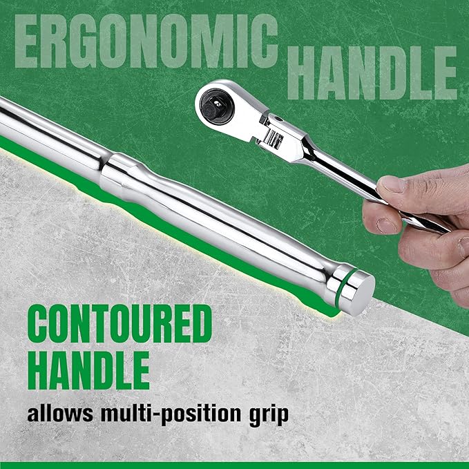 SK 1/4" Drive Flex Head Ratchet Handle, 90-Tooth Ratchet, Premium CR-V Construction, Reversible Design, with Contoured Handle