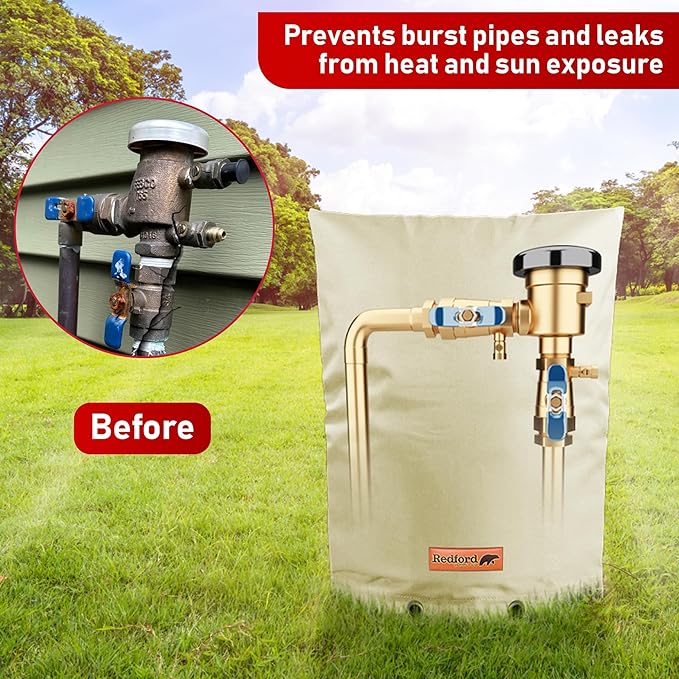 Redford Supply Co. Cold Snap (5°F) Backflow Preventer Insulation Cover, 20"W x 26"H, Pipe Insulation, Water Sprinkler Covers for Outside, Sprinkler Backflow Cover for Winter, Well Pump Bag (Beige)