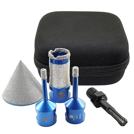 Tile Hole Saw Kit - BRSCHNITT Diamond Core Drill Bit Set 1/4",Drill Bit &1" Diamond Finger Milling Bit &2" Chamfer Bit for Porcelain Tile Ceramic Marble Granite & Adapter