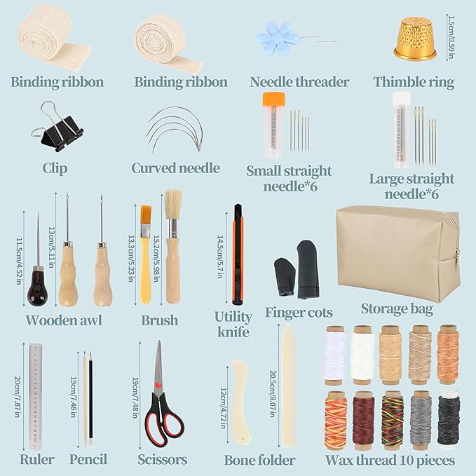 65 Pcs Bookbinding Tools Kit with Bone Folder, Waxed Thread, Binding Ribbon, Glue Brush, Awl, Needles, Ruler, Storage Bag, and More for DIY Bookbinding, Paper Crafts, and Book Repair