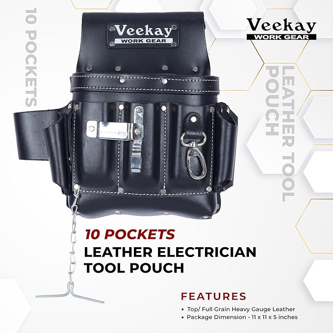 VEEKAY Electrician's Leather Tool Pouch – 10 Pocket Full Grain Leather Organizer for Electricians, Carpenters & Construction Workers – Durable, Heavy-Duty Utility Pouch (Brown/Black)