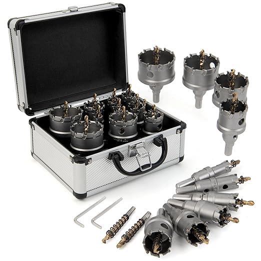 MAZING 16PCS TCT Hole Saw Kit for Hard Metal, 5/8"-2-1/8" Carbide Tungsten Carbide Tipped Hole Saw Set, Heavy Duty Hole Cutter Set for Cutting Stainless Steel, Iron, Copper, Aluminum, Sheet Metal