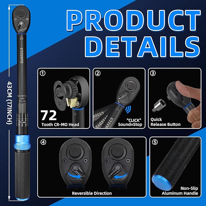 1/2-Inch Drive Click Torque Wrench, Dual-Direction Click Professional Torque Wrench 10-170FT.LB/13.6-230.5N.M, Dual Range Scales Graduated in FT.LB and N.M, Blue