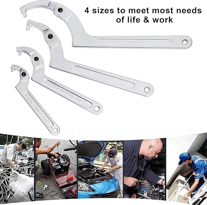 Adjustable C Pin Spanner Hook Wrench for Hydraulic Ram Cylinder, Mechanical Machine, Equipments Vehicles, (4 Pcs) 3/4-2", 1 1/4-3", 2-4 3/4", 4 1/2-6 7/10" Round Head Pin Spanner Wrench Set