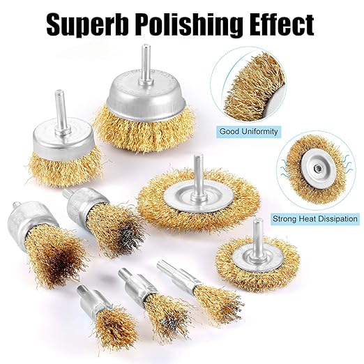 Wire Brush for Drill Set, 9Pcs Cup, Wheel & End Brush Kit with 1/4” Shank, Brass Coated Drill Brush Attachments for Rust Removal, Stripping, and Abrasive