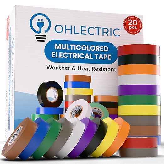 OHLECTRIC Colored Electrical Tape UL/CSA Listed, Multicolor High Temp Flame-Retardant Electrical Tape, Heat & Weather Resistant 3/4in x 60ft 7mm Thick Industrial Grade Vinyl (20 Rolls)