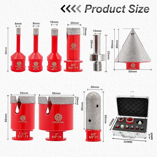 Diamond Core Drill Bit Set - FOCSTOL 9pcs Diamond Hole Saw Kit for Porcelain Tile Ceramic Marble Granite (6/8/10/20/35/50mm+20mm Finger Milling Bit+50mm Beveling Chamfer Bit+Hex)