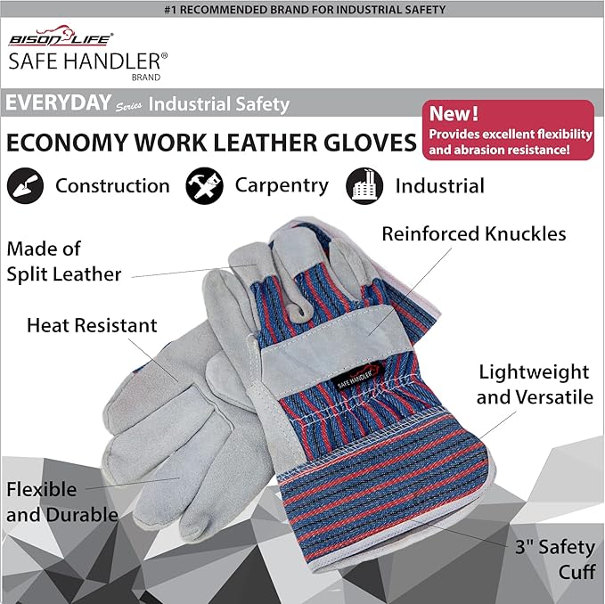 Work Leather Gloves with Cool Cotton Lined Backing Lightweight & Versatile Split Leather Safety Cuff Work Gloves