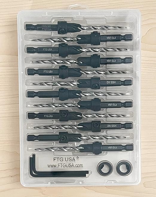 FTG USA 12 Pc #10 (3/16") Countersink Drill Bit Set for Wood with Tapered Drill Bit