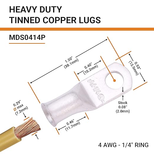 SELTERM 10pcs 4 AWG-1/4 Stud Tinned Copper Wire Lugs, Heavy Duty Battery Cable Ends,4 Guage Ring Terminals, UL Battery Lugs Marine Grade Copper Eyelets Electrical Battery Terminal Connectors