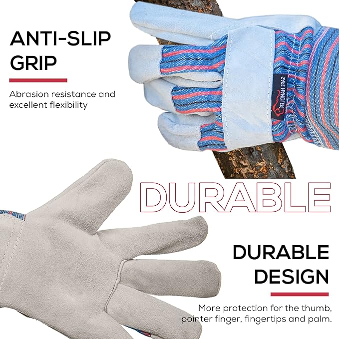 Work Leather Gloves with Cool Cotton Lined Backing Lightweight & Versatile Split Leather Safety Cuff Work Gloves