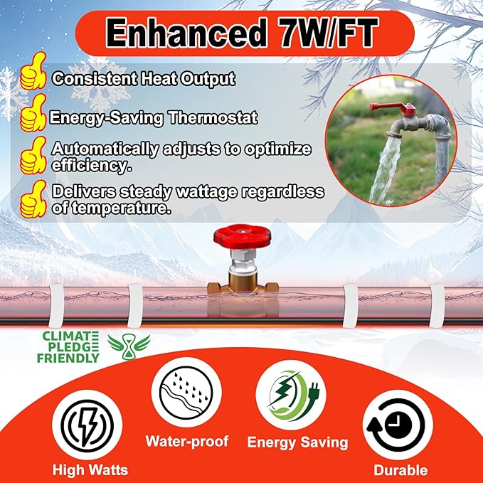 HEATIT Heating Cable - CSA & ETL Approved, Prevents Pipe Freeze, Keeps Water Flowing, Energy-Efficient, Reliable Performance, Hassle-Free, Durable Heat Tape for Water Pipes HISD 6ft, 7w/ft, 120V