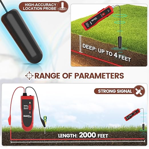 Underground Wire Locator, Underground Cable Locator with Rechargeable 1100mAh Battery, Cable Tester for Pet Fence