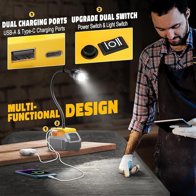 LIVOWALNY 2000LM LED Work Light Compatible with Dewalt 20V Battery, 20W Flood Light, 12" Flexible Gooseneck, Flashlight Lights with USB-A & Type-C Charging Port, Low Voltage Protection (No Battery)