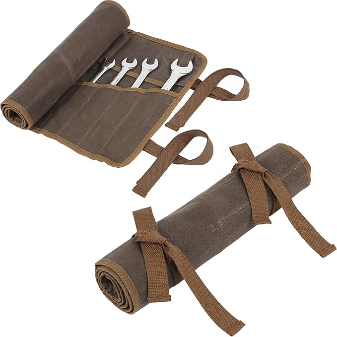 Denifiter Wrench Roll Up Pouch, Heavy Duty Waxed Canvas Tool Bag Tool Organizer Bag With 20+4 Pockets (Brown)