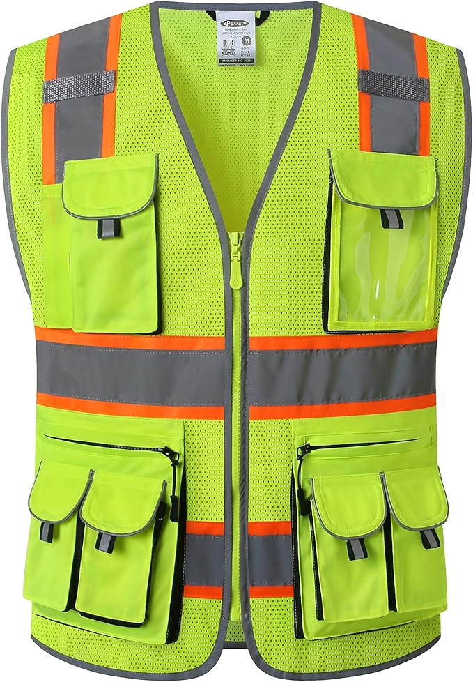 JKSafety 10 Pockets Hi-Vis Neon Color Frontal Zipper Mesh Safety Vest for Men Women Safety Utility for works Comply to ANSI/ISEA Class 2 (86-Yellow L)