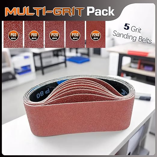 KonaFlex Sanding Belts 20 Pack 3x18 Inch Belt Sander Paper Aluminum Oxide with 60/80/120/150/240 Grits for Woodworking, Paint Sanding, Metalworking, Rust Removal