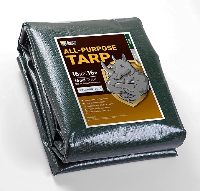 GUARD SHIELD Super Heavy Duty Green/Silver Poly Tarp Cover 16x16 Feet Waterproof 16mil Thick UV and Tear Resistant Tarpaulin with Grommets and Reinforced Edges
