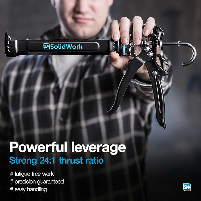 SolidWork Caulk Gun for Professional & Drip-Free Use with Ergonomic Steel Handle, up to 1/10 Gallon Cartridge, Adjustable 24:1 Thrust Ratio 1/10 Gallon Cartridge | Black Caulking Gun