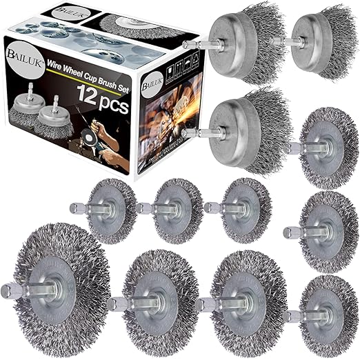 Wire Wheel Cup Brush Set,0.012-Inch Coarse Crimped Carbon Steel,Die Grinder Wire Brush for Drill,1/4In Hex Shank,Wire Drill Brush Se (12 Pack)