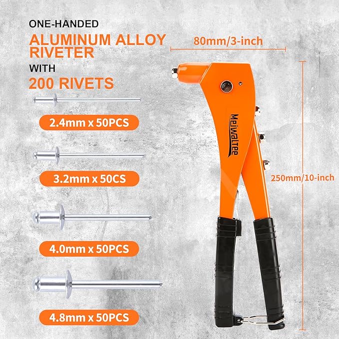 Meiwaltee Rivet Gun with 200PCS Rivets and 4 Drill Bits, Professional Aluminum Alloy Riveter, Heavy Duty Pop Manual Riveting Tool with 4 Interchangeable Heads for Metal, Wood and Plastic