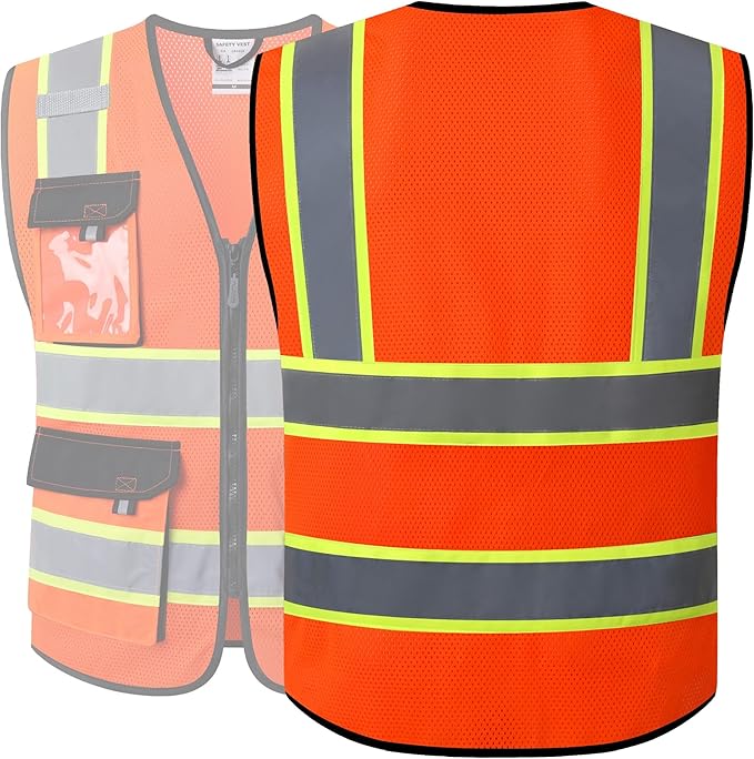 JKSafety Hi Vis Reflective Safety Vests for Men Women High Visibility Vest with Pockets Mesh Fabric Construction Safety Apparel Neon Vest for Work (220-Orange L)