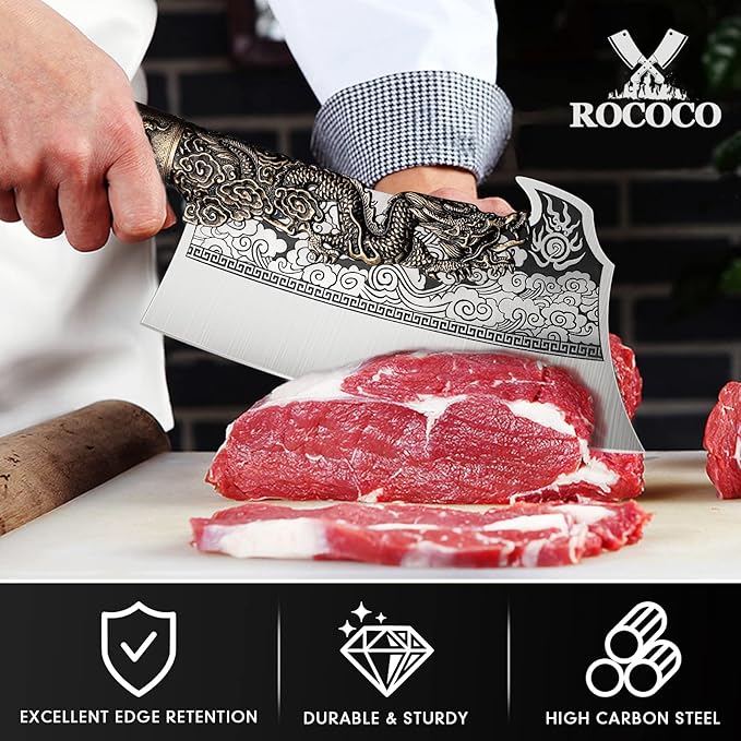 ROCOCO 2lb Dragon Butcher Knife Heavey Duty Cleaver Knife for Meat Bone Cutting 9.5" Cool Big Viking Camping Chopper Cutter with Sheath Birthday Father Mother Christmas Gift Idea Men
