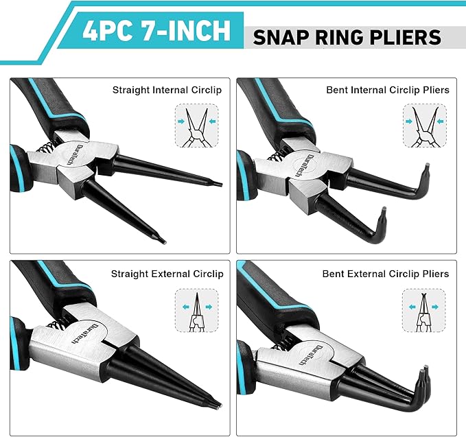 DuraTech 4 PCS Snap Ring Pliers Set, 7 Inch Heavy Duty Internal & External Circlip Pliers Kit with Straight/Bent Jaw, Premium CRV Steel, Precision Spring Loaded C Clip Pliers with Storage Pouch