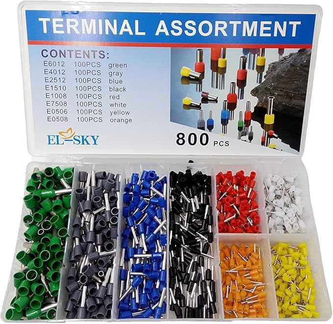 EL-SKY 800pcs Assortment Ferrule Wire Copper Crimp Connector, Wire Terminals Kit, Wire Connector Kit, Insulated Cord Pin End Terminal AWG 22-10 Kit