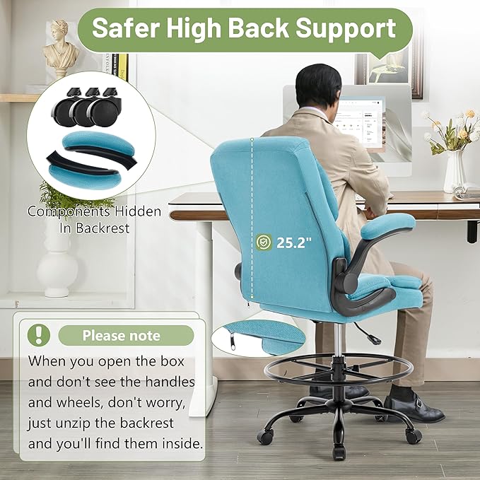 500LBS Drafting Chair, High Back Safer Standing Desk Chair, Executive Tall Office Chair with Flip-up Armrests, Upholstered Fabric Task Chair, Ergonomic Seat with Adjustable Height&Foot Ring, Blue