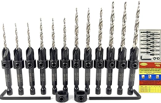 FTG USA Countersink Drill Bit Set for Wood with Tapered Drill Bit - #4 (7/64"), #6 (9/64"), #8 (11/64"), #10 (3/16")