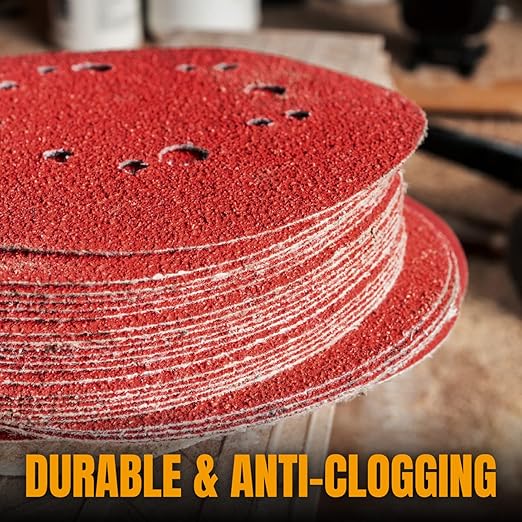 POWERTEC 25PK, 240 Grits, Sanding Discs 5 Inch - Hook and Loop, 5 Inch 8 Hole Aluminum Oxide Sandpaper Discs, Woodworking Sanding Pads for Random Orbital, Palm, Air, DA & Pneumatic Sander (45024)