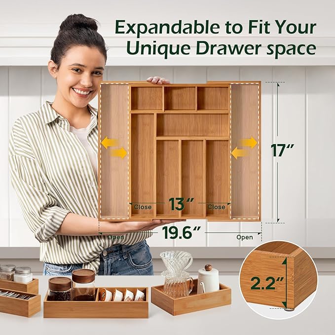 6-Piece Bamboo Drawer Organizer Set, 2.2" Deep | Multi-Use Organizers for Utensils, Silverware, Cutlery, Desk, Bathroom, Junk Drawer & Makeup, Non-Slip Feet Included.