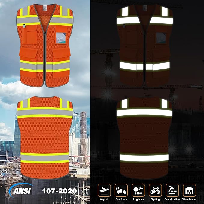 TCCFCCT Safety Vest for Men Women 5 Pockets Mesh High Visibility Reflective Vest with Reinforced Zipper, Durable Construction Work Vest with Fluorescent Orange Edge, Meets ANSI/ISEA, DW-Orange, 3XL