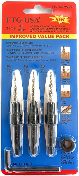 FTG USA Countersink Drill Bit Set for Wood with Tapered Drill Bit 3 Pc #6 (9/64")