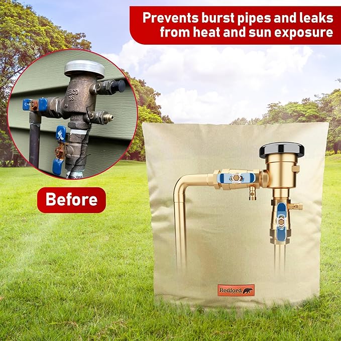 Redford Supply Co. Cold Snap (5°F) Backflow Preventer Insulation Cover, 36"W x 36"H, Pipe Insulation, Water Sprinkler Covers for Outside, Sprinkler Backflow Cover for Winter, Well Pump Bag (Beige)