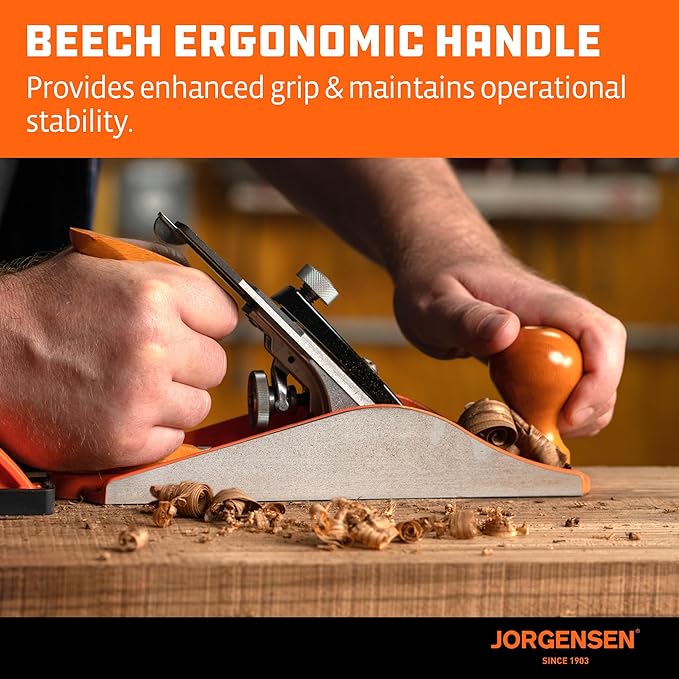 JORGENSEN No.4 10" Wood Planer, Hand Planer for Woodworking, Hand Plane, Wood Plane, Jack Plane for Trimming, Craft - Professional Smoothing Plane with Ductile Iron Body, Adjustable Cutting Depth
