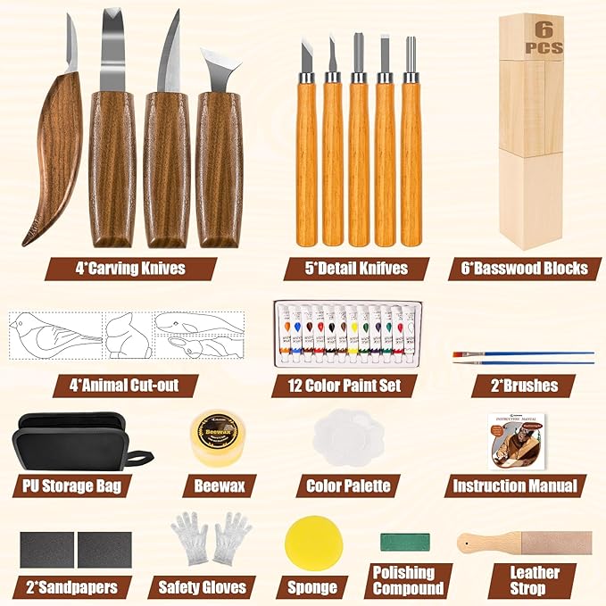 Wood Carving Kit, 44Pcs Wood Carving Tools with 4 Style Templates & 12 Color Paint Set & Bee Wax, Wood Whittling Knives Set 4pcs Whittling Knives & 5pcs Detail Knives for Beginners and Hobbyists