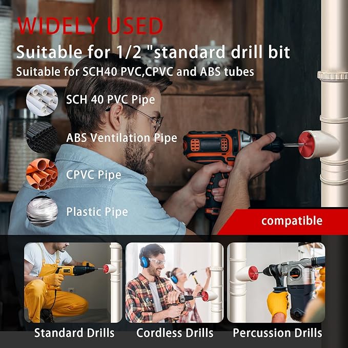 8Pcs Pvc Pipe Reamer Kit,Pipe Fitting Tools Contains 1/2", 3/4",1",1-1/4",1-1/2",2",3",4" Aluminum Head with a Extender,Fit into Standard 1/2" Drill,PVC Fitting Saver for PVC,CPVC,PPR or ABS,Red