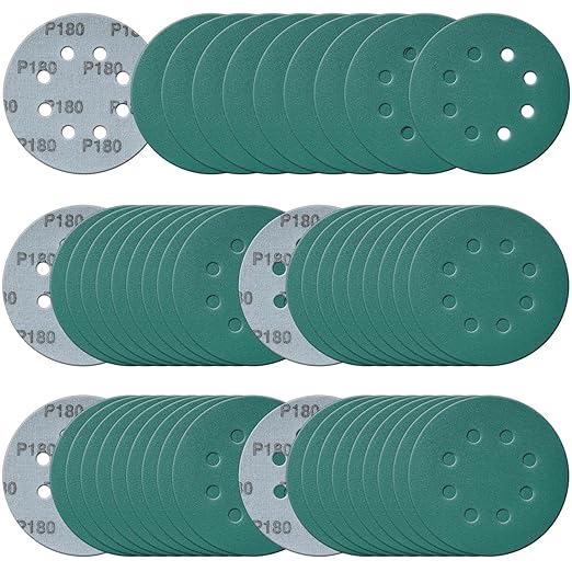 5 Inch 8 Hole Sanding Discs, 50 Pcs Wer Dry Sandpaper 180 Grit Hook and Loop Green Polyester Film Backed Sanding Disc for Random Orbital Sander Wood Car Metal Plastic (180 Grit, 50 Pack)