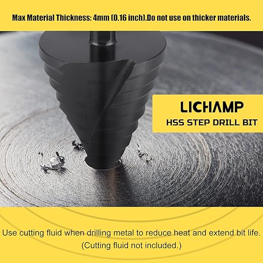 Lichamp Jumbo 2-3/8" Unibit Step Drill Bit for Metal, Extra Large Drill Stepper Bit for Hard Metal Heavy Duty, 12 Sizes from 1/4" to 2-3/8", Spiral Grooved, C5BK