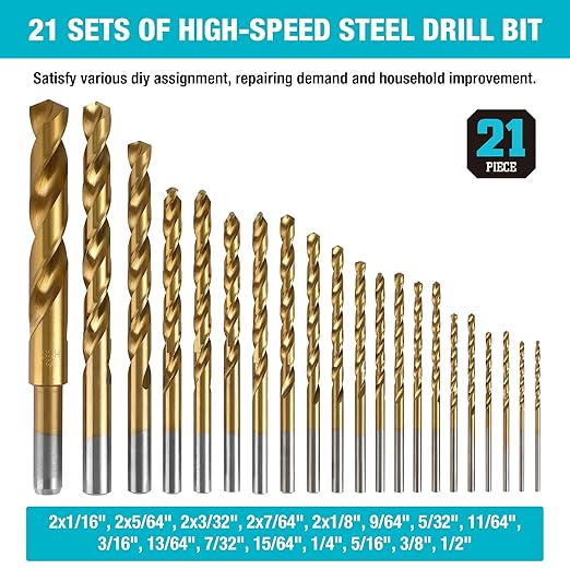 DURATECH Drill Bit Set, 21PCS Titanium Impact Twist Drill Bit Set with Tough Case, HSS Twist Drill Bits Kit for Soft Metal, Wood, PVC (1/16" - 1/2")