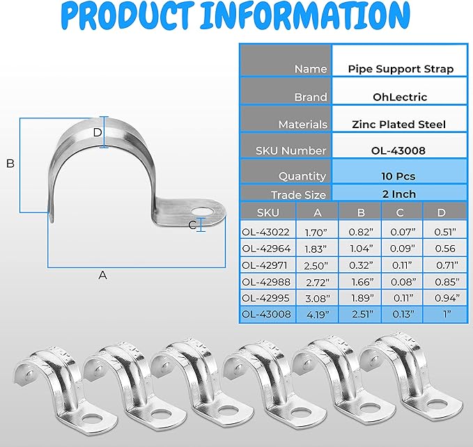 OHLECTRIC Heavy Duty Pipe Strap (10 Pack - 2 Inch) Zinc-Plated Steel EMT Conduit Clamps - 1 Hole Reinforced Rib Design - Snap-On Installation - Metal Pipe Strap for EMT Conduits