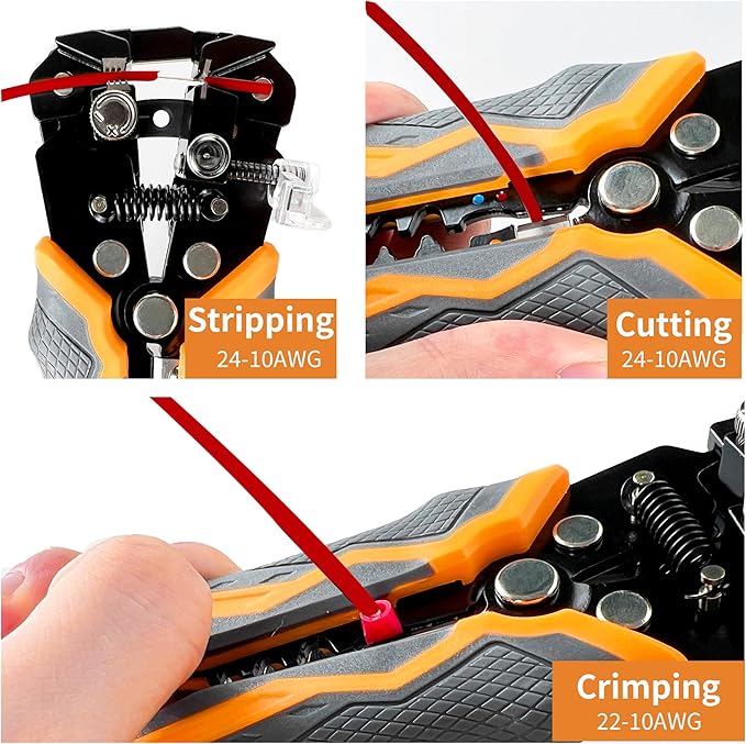 5 IN 1 Self-Adjusting Wire Stripper Kit, Automatic Wire Stripper for AWG 24-10, LED Voltage Detector Pen, 23 ft Insulating Tape, 99 Insulated Terminals and 25 Cable Ties