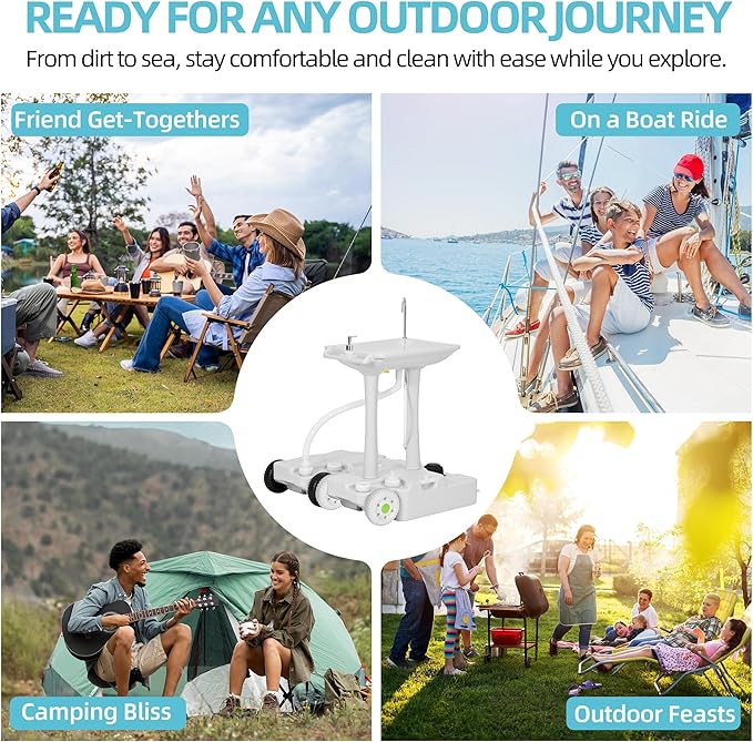 YITAMOTOR 30L Portable Camping Sink, Portable Hand Washing Station 30L Sewage Tank with Large Wheels, Foot Pump, Towel Holder, Soap Dispenser for Outdoors, Garden, Camping, Worksites, Camping Events