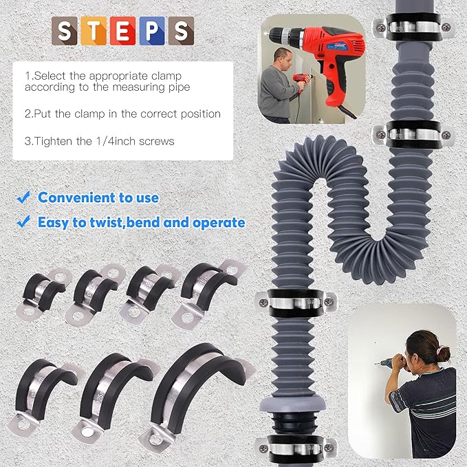 Glarks 16Pcs 25MM 2 Hole U-Tube Strap Clamp Set 304 Stainless Steel Rubber Cushion Rigid Pipe Strap U Bracket Tube Strap Assortment Kit For Pipe Tube Fixing (25mm)