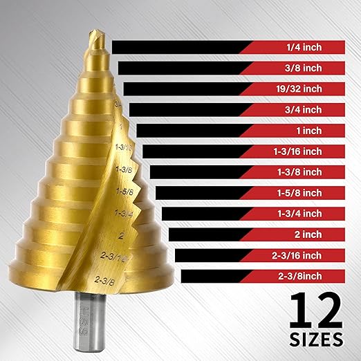 HSS Spiral Groove Step Drill Bit, 12 Steps High-Speed Steel 1/4" to 2-3/8" Drill Bit for Stainless Steel, Aluminum, Plastic, and Wood, Large Multiple Hole Stepped Bit