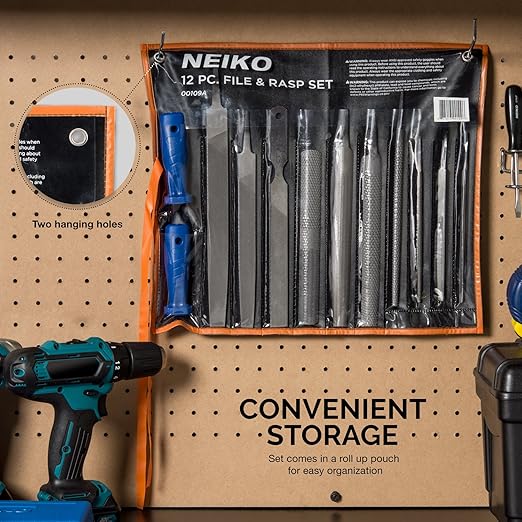 Neiko 00109A Metal File and Rasp Set | 12 Piece, 10, 8, and 6 Inch Extra Slim Flat, Half, Mill, and Round Files Set | Non Slip PVC Handle, Wood File | Heat Treated Carbon Steel Two Way File