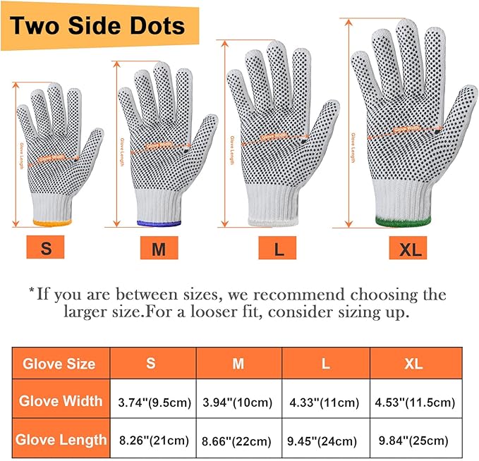 Evridwear Cotton Polyester String Knit Shell Safety Protection Work Gloves for Painter Mechanic Industrial Warehouse Gardening Construction Men & Women 12 Pairs, With Two Side dots, L Size